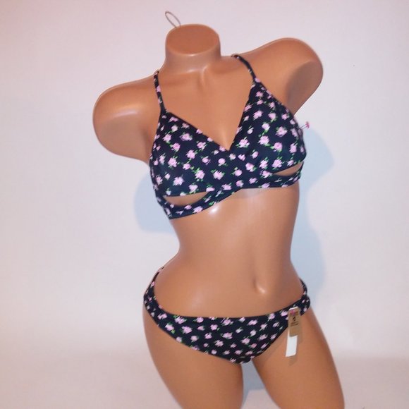 Victoria Secret PINK Swim Bikini Top & Bottom Black Pink Floral Wrap Halter Remo - Picture 3 of 12